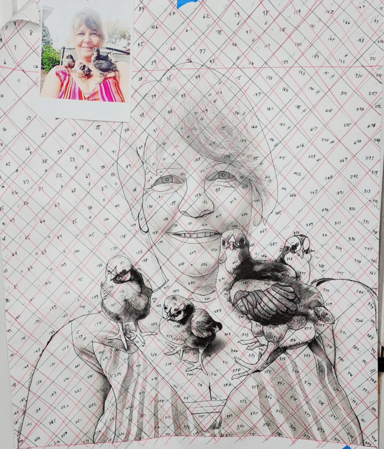 A black-and-white sketch of the portrait on a grid